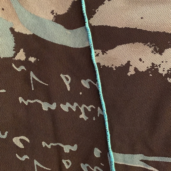 Spanner LARGE black v neck stretch LS tee shirt top blue mesh artsy design EUC - Picture 2 of 5